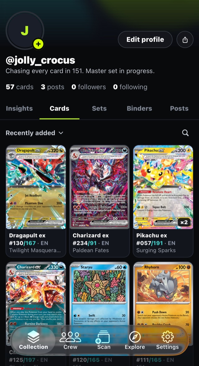 The Collection tab showing a grid of cards with set, number and language